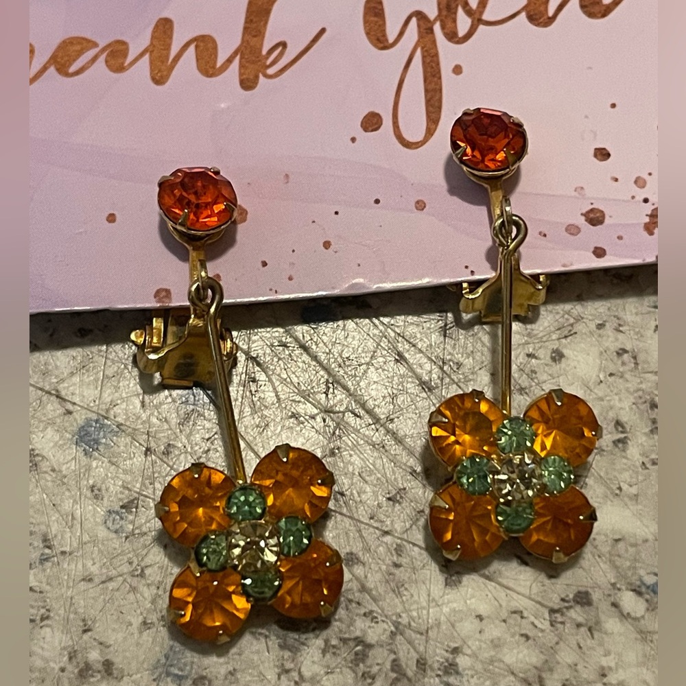 Rhinestone Clip On Dangle Flower Earrings